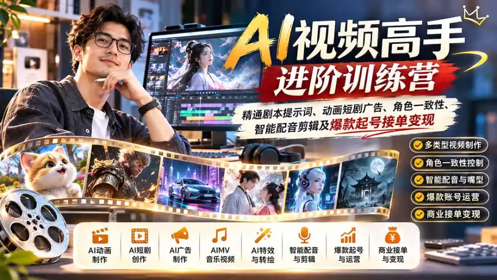 AI视频高手进阶训练营：精通剧本提示词、动画短剧广告、角色一致性、智能配音剪辑及爆款起号接单变现-云途创业网