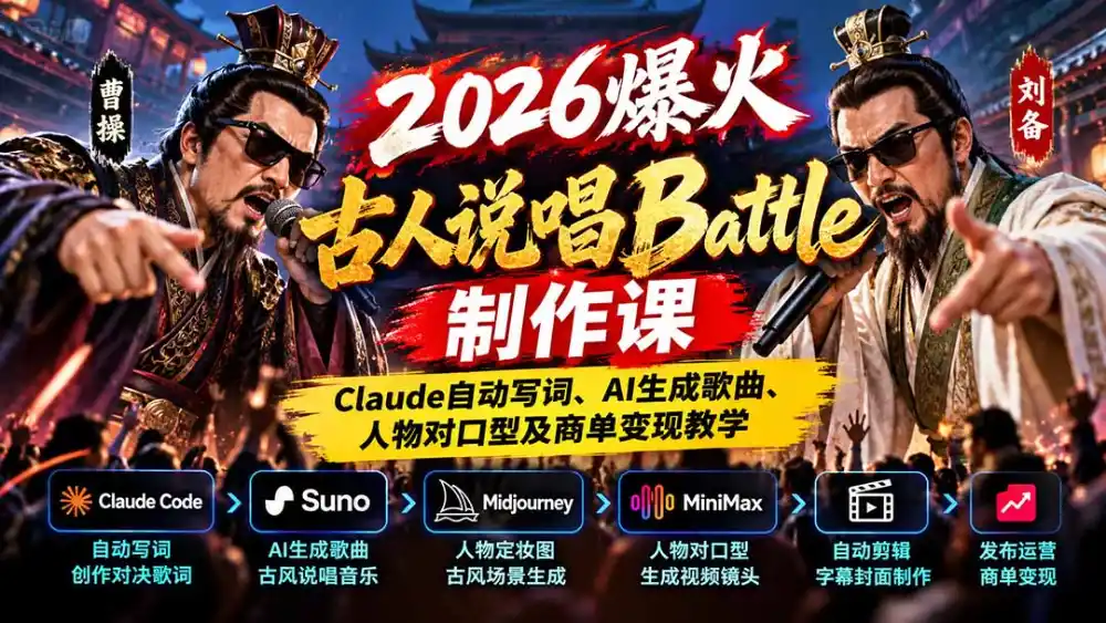 2026爆火古人说唱Battle制作课：Claude自动写词、AI生成歌曲、人物对口型及商单变现教学-云途创业网