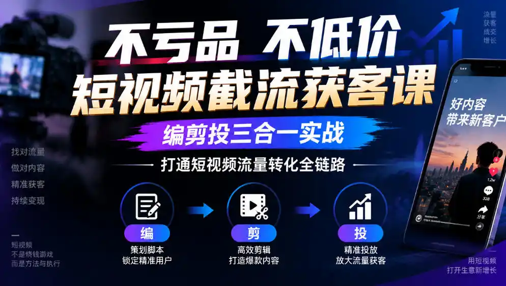 不亏品不低价短视频截流获客课，编剪投三合一实战，打通短视频流量转化全链路-云途创业网