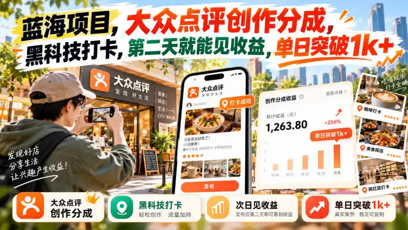 蓝海项目，大众点评创作分成，黑科技打卡，第二天就能见收益，单日突破1k+【揭秘】-云途创业网