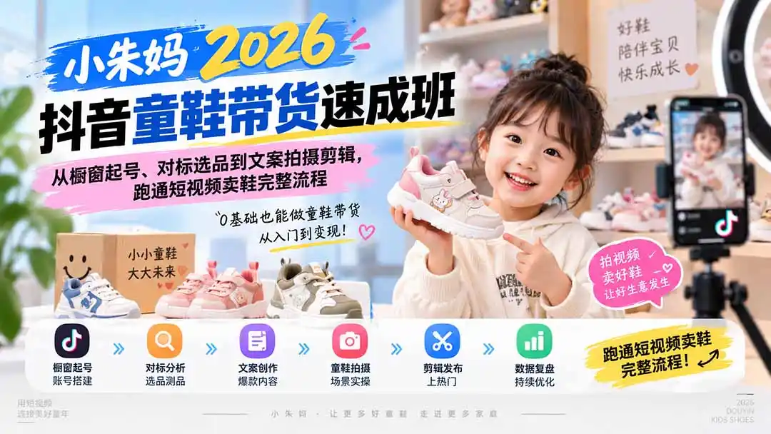 小朱妈2026抖音童鞋带货速成班：从橱窗起号、对标选品到文案拍摄剪辑，跑通短视频卖鞋完整流程-云途创业网