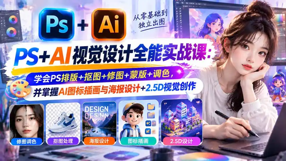 【无水印】PS+AI视觉设计全能实战课：学会PS排版+抠图+修图+蒙版+调色，并掌握AI图标插画与海报设计+2.5D视觉创作-云途创业网