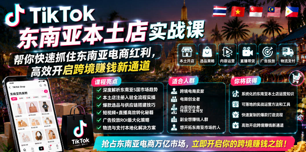 TikTok东南亚本土店实战课,帮你快速抓住东南亚电商红利,高效开启跨境賺钱新通道-云途创业网