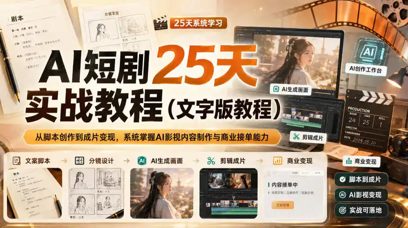 AI短剧25天实战教程(文字版教程)，从脚本创作到成片变现，系统掌握AI影视内容制作与商业接单能力-云途创业网