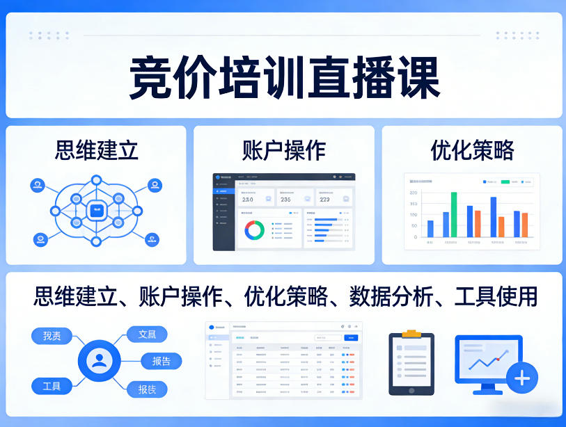 竞价培训直播课,覆盖思维建立、账户操作、优化策略、数据分析、工具使用等,全方位提升效果-云途创业网