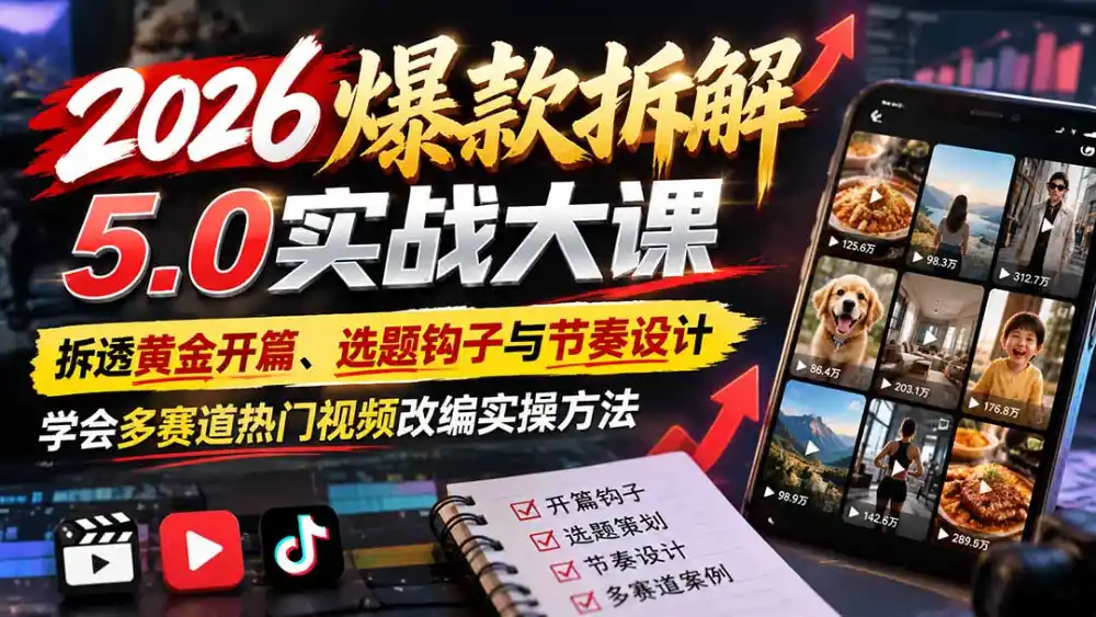 2026爆款拆解5.0实战大课：拆透黄金开篇、选题钩子与节奏设计，学会多赛道热门视频改编实操方法-云途创业网