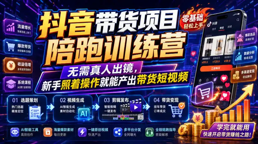 抖音带货项目陪跑训练营，无需真人出镜，新手照着操作就能产出带货短视频(更新0811)-云途创业网