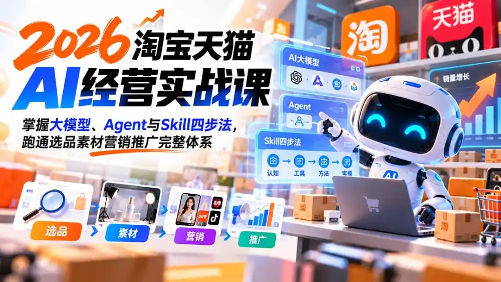 【无水印】2026淘宝天猫AI经营实战课：掌握大模型、Agent与Skill四步法，跑通选品素材营销推广完整体系-云途创业网