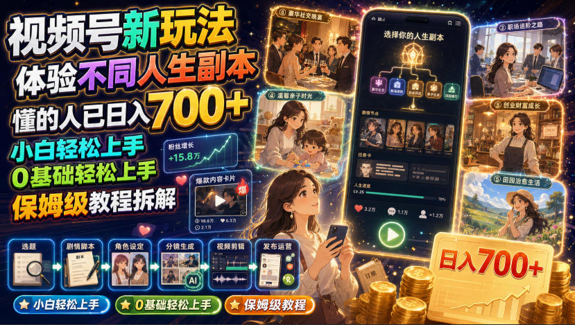 视频号新玩法体验不同人生副本，懂的人已日入700+，小白轻松上手，0基础轻松上手，保姆级教程拆解-云途创业网