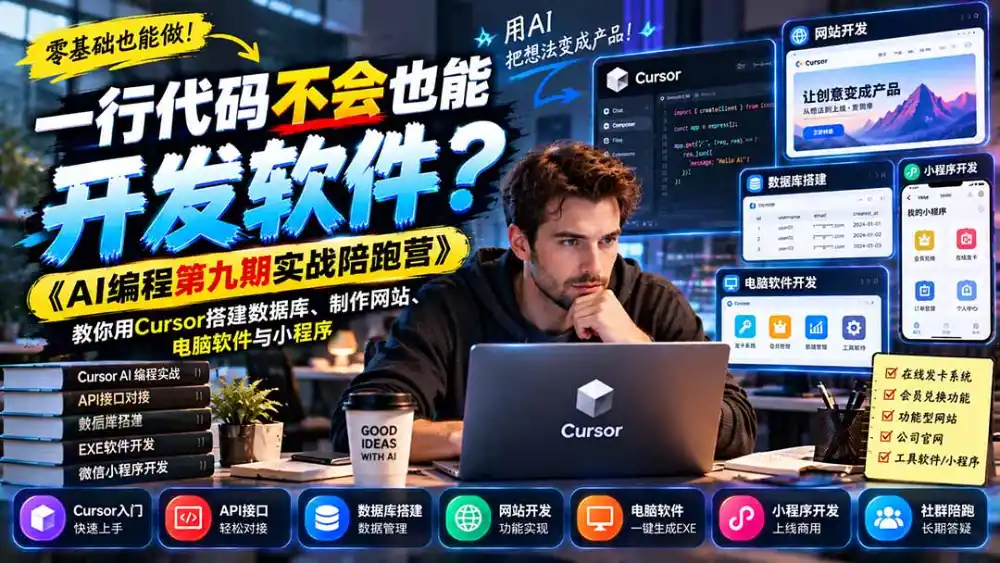 一行代码不会也能开发软件？《AI编程第九期实战陪跑营》教你用Cursor搭建数据库、制作网站、电脑软件与小程序-云途创业网