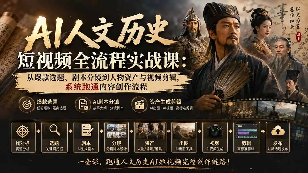 AI人文历史短视频全流程实战课-更新：从爆款选题、剧本分镜到人物资产与视频剪辑，系统跑通内容创作流程