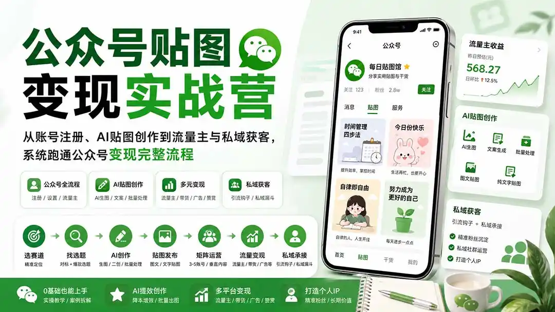 公众号贴图变现实战营：从账号注册、AI贴图创作到流量主与私域获客，系统跑通公众号变现完整流程-云途创业网