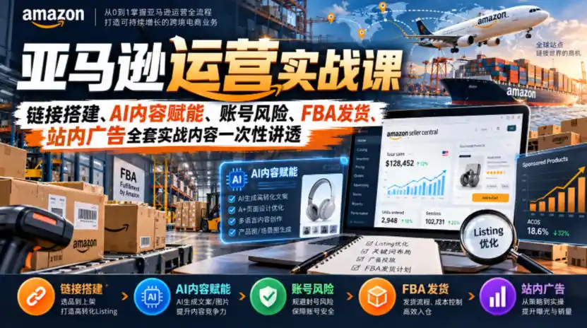 亚马逊运营实战课,链接搭建、AI内容赋能、账号风险、FBA发货、站内广告全套实战内容一次性讲透 亚马逊运营实战课,链接搭建、AI内容赋能、账号风险、FBA发货、站内广告全套实战内容一次性讲透