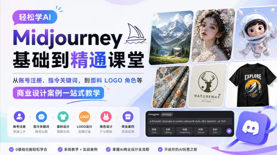 轻松学AI Midjourney基础到精通课堂，从账号注册、指令关键词，到面料LOGO角色等商业设计案例一站式教学-云途创业网