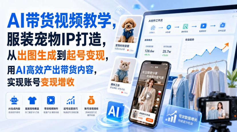 AI带货视频教学，服装宠物IP打造，从出图生成到起号变现，用AI高效产出带货内容，实现账号变现增收-云途创业网