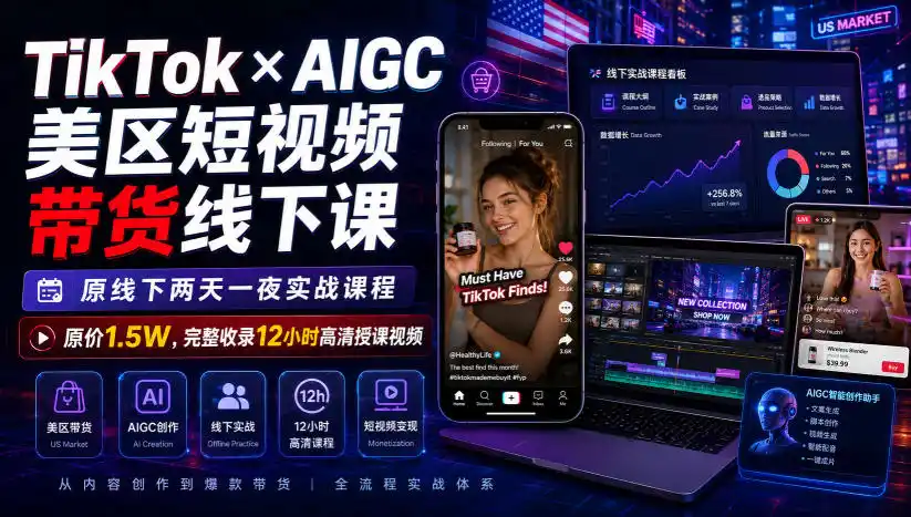 TikTok×AIGC美区短视频带货线下课，原线下两天一夜实战课程，原价1.5W，完整收录12小时高清授课视频-云途创业网