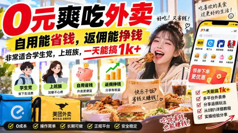 0元爽吃外卖，自用能省钱，返佣能挣钱，非常适合学生党，上班族，一天能搞1k+-云途创业网