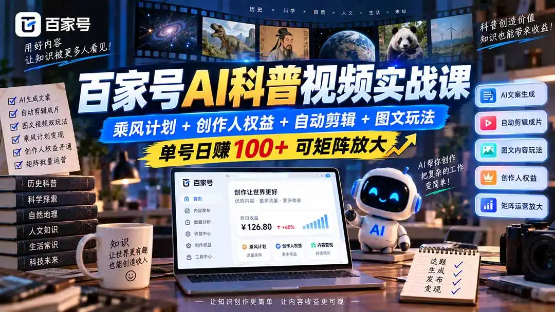 百家号AI科普视频实战课：乘风计划+创作人权益+自动剪辑+图文玩法，单号日赚100+可矩阵放大-云途创业网