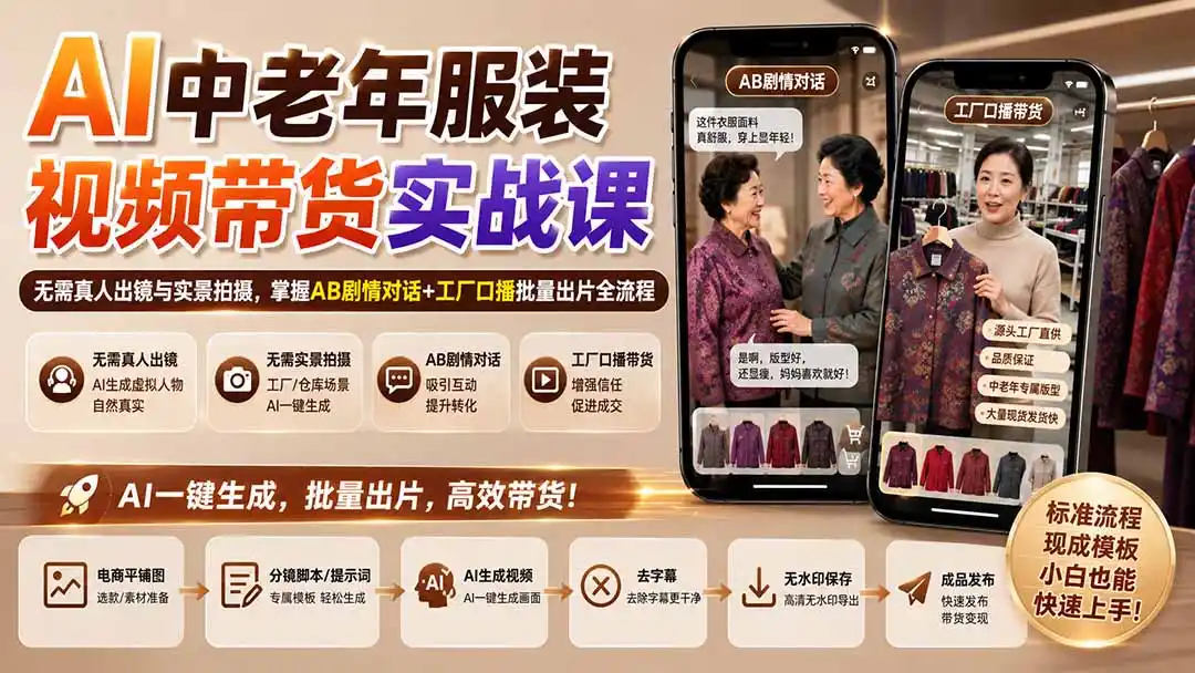 AI中老年服装视频带货实战课：无需真人出镜与实景拍摄，掌握AB剧情对话+工厂口播批量出片全流程-云途创业网