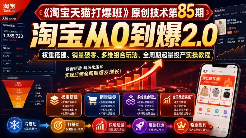 《淘宝天猫打爆班》原创技术第85期，淘宝从0到爆2.0，权重搭建、销量破零、多维组合玩法、全周期起量投产实操教程-云途创业网