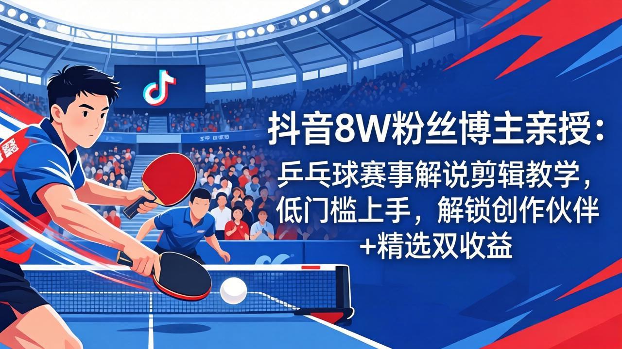 抖音8W粉丝博主亲授:乒乓球赛事解说剪辑教学,低门槛上手,解锁创作伙伴+精选双收益-云途创业网