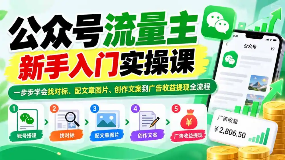 公众号流量主新手入门实操课：一步步学会找对标、配文章图片、创作文案到广告收益提现全流程-云途创业网