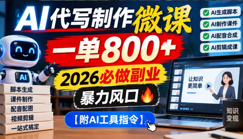 AI代写制作微课，一单800+，2026必做副业，暴力风口【附AI工具指令】【揭秘】-云途创业网