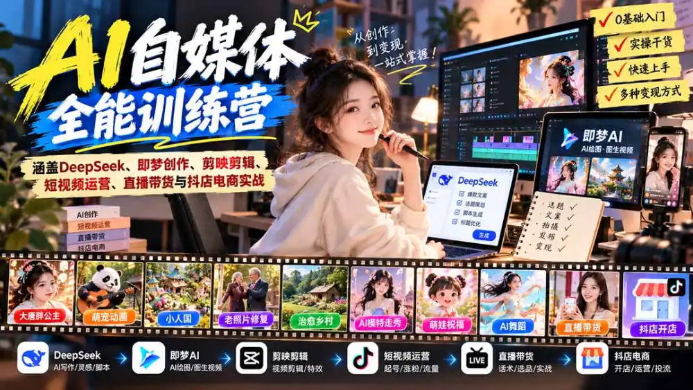 【无水印】AI+自媒体全能训练营：涵盖DeepSeek、即梦创作、剪映剪辑、短视频运营、直播带货与抖店电商实战-云途创业网