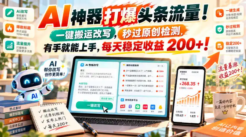 AI神器打爆头条流量，一键搬运改写，秒过原创检测，有手就能上手，每天稳定收益200+！【揭秘】-云途创业网