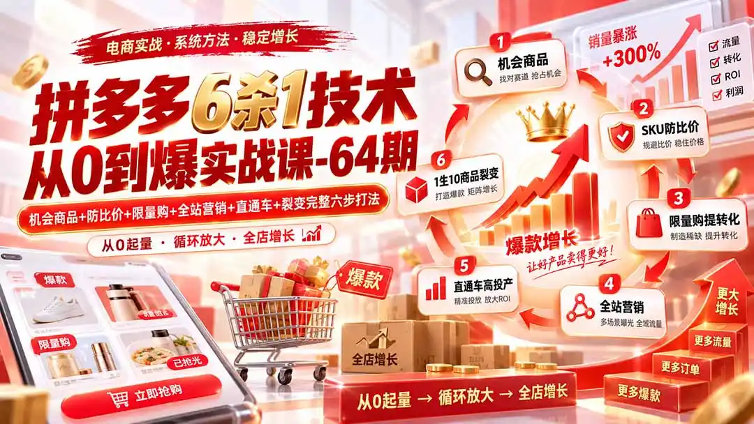 拼多多6杀1技术从0到爆实战课-64期：机会商品+防比价+限量购+全站营销+直通车+裂变完整六步打法-云途创业网