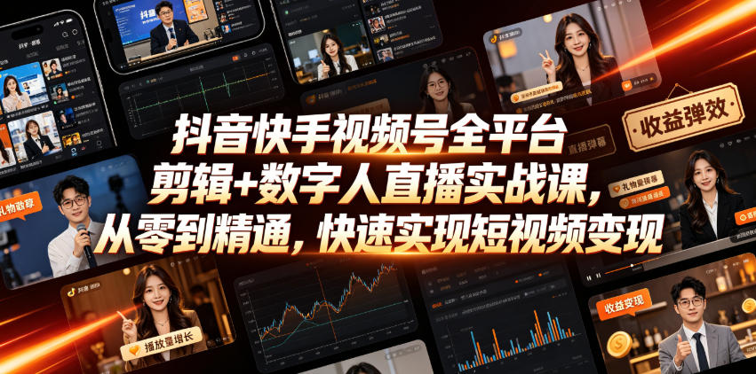 抖音快手视频号全平台剪辑+数字人直播实战课,从零到精通,快速实现短视频变现(更新2026年6月)-云途创业网