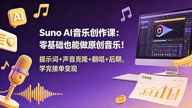 Suno AI音乐创作课:零基础也能做原创音乐!提示词+声音克隆+翻唱+后期,学完接单变现-云途创业网
