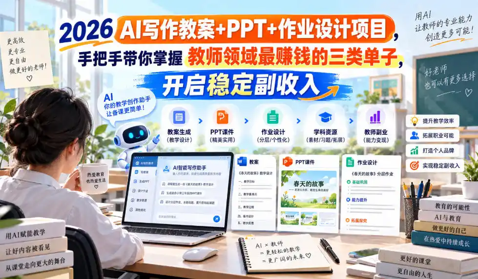 2026 AI写作教案+PPT+作业设计项目，手把手带你掌握教师领域最賺钱的三类单子，开启稳定副收入-云途创业网