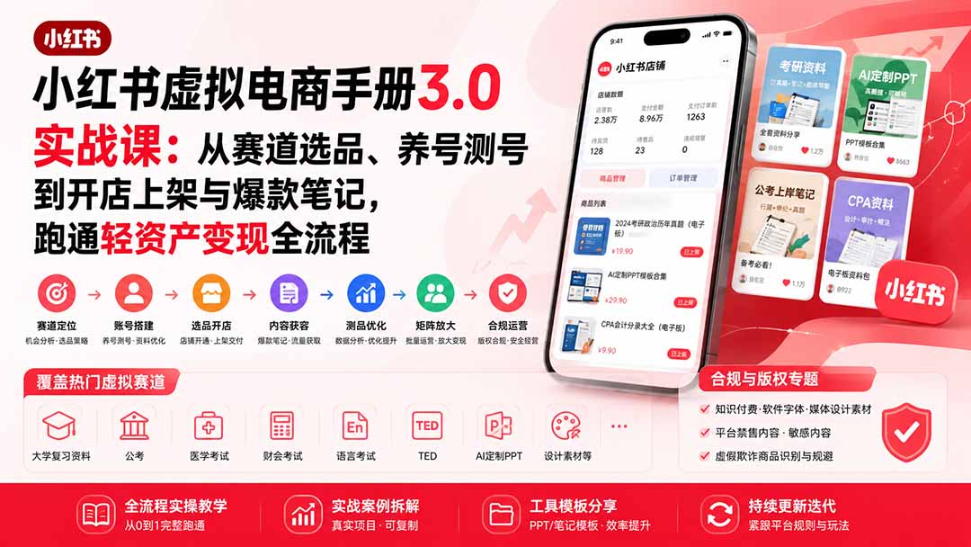 小红书虚拟电商手册3.0实战课：从赛道选品、养号测号到开店上架与爆款笔记，跑通轻资产变现全流程-云途创业网