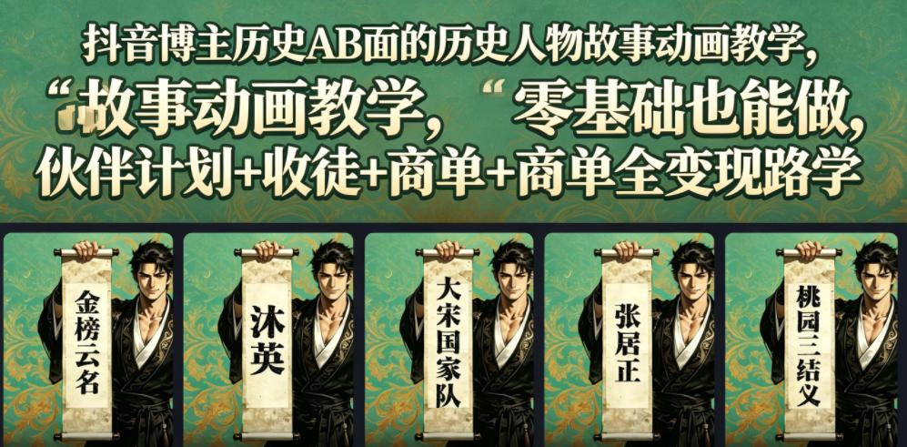 抖音博主历史AB面的历史人物故事动画教学，零基础也能做，伙伴计划+收徒+商单全变现路径教学-云途创业网