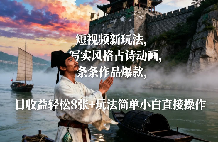 短视频新玩法,写实风格古诗动画,条条作品爆款,日收益轻松8张+玩法简单小白直接操作-云途创业网