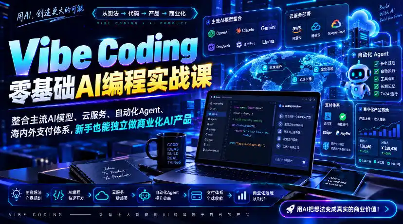 Vibe Coding零基础AI编程实战课-无水印,整合主流AI模型、云服务、自动化Agent、海内外支付体系,新手也能独立做商业化AI产品-云途创业网