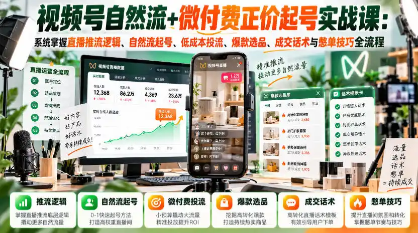 视频号自然流+微付费正价起号实战课:系统掌握直播推流逻辑、自然流起号、低成本投流、爆款选品、成交话术与憋单技巧全流程-云途创业网