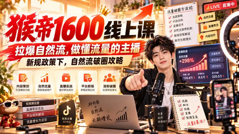 猴帝1600线上课，拉爆自然流，做懂流量的主播，新规政策下，自然流破圈攻略【更新261002】-云途创业网