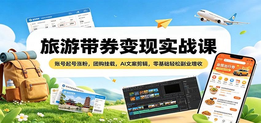 旅游带券变现实战课：账号起号涨粉，团购挂载，AI文案剪辑，零基础轻松副业增收-云途创业网