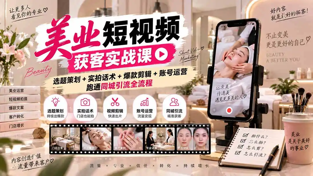 美业短视频获客实战课-无水印：选题策划+实拍话术+爆款剪辑+账号运营，跑通同城引流全流程-云途创业网