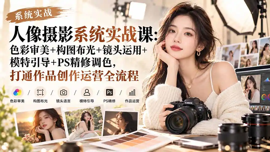 【无水印】人像摄影系统实战课：色彩审美+构图布光+镜头运用+模特引导+PS精修调色，打通作品创作运营全流程-云途创业网