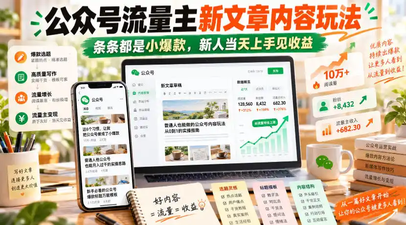 公众号流量主新文章内容玩法，条条都是小爆款，新人当天上手见收益-云途创业网