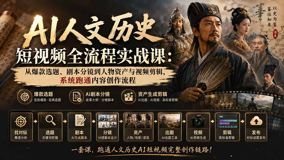 AI人文历史短视频全流程实战课：从爆款选题、剧本分镜到人物资产与视频剪辑，系统跑通内容创作流程-云途创业网