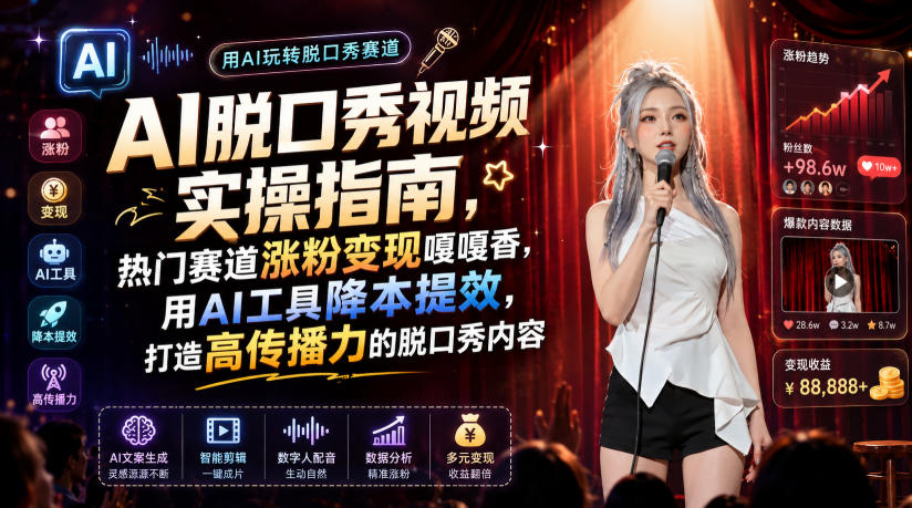 AI脱口秀视频实操指南,热门赛道涨粉变现嘎嘎香,用AI工具降本提效,打造高传播力的脱口秀内容-云途创业网