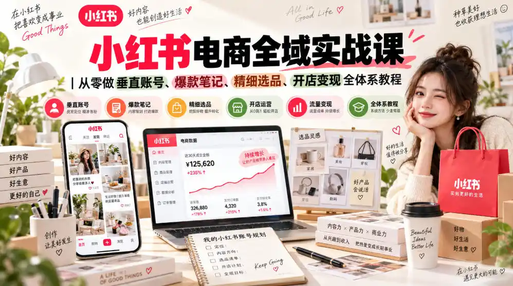 小红书电商全域实战课｜从零做垂直账号、爆款笔记、精细选品、开店变现全体系教程-云途创业网