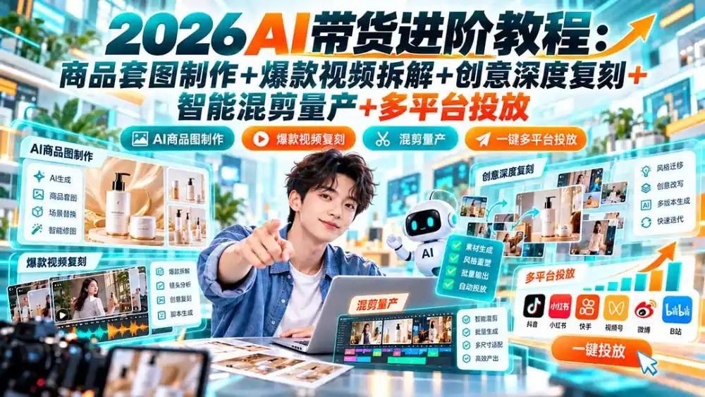 2026AI带货进阶教程：商品套图制作+爆款视频拆解+创意深度复刻+智能混剪量产+多平台投放-云途创业网