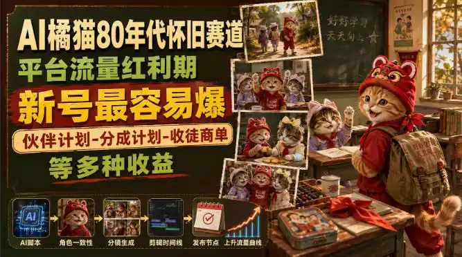 AI橘猫80年代怀旧赛道,平台流量红利期,新号最容易爆,伙伴计划-分成计划-收徒商单等多种收益-云途创业网