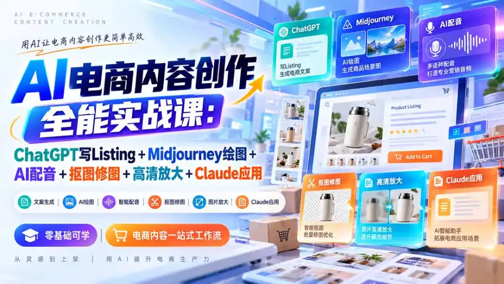 【无水印】AI电商内容创作全能实战课：ChatGPT写Listing+Midjourney绘图+AI配音+抠图修图+高清放大+Claude应用-云途创业网