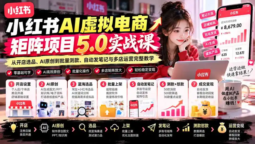 小红书AI虚拟电商矩阵5.0实战课：从开店选品、AI原创到批量测款、自动发笔记与多店运营完整教学-云途创业网
